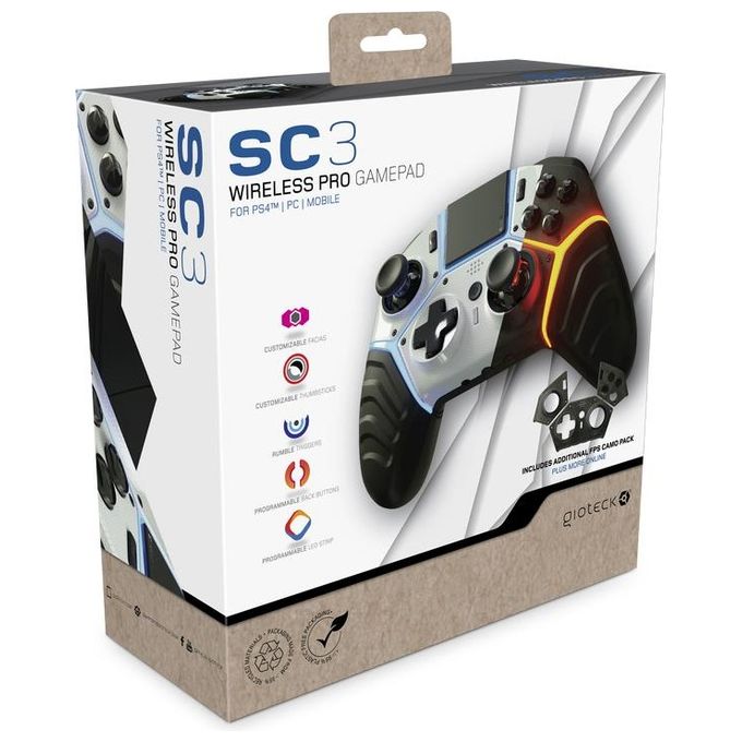 Gioteck SC3PS4-21-MU SC3 Controller Wireless per PS4 e PC con Vibrazione e Pulsanti Posteriori Programmabili colore Bianco