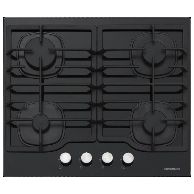 Silverline CS5404B01 Piano cottura a gas 60 cm 4 fuochi griglie in ghisa accensione sottomanopola colore Nero