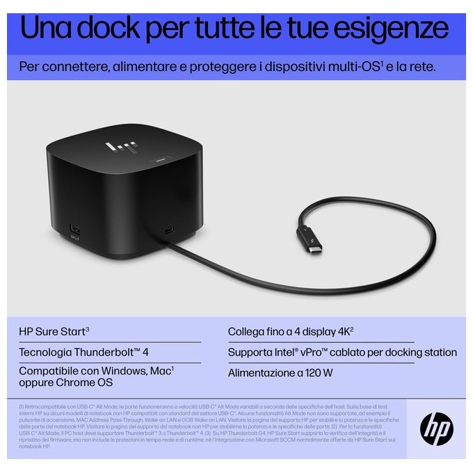 HP 4J0A2AAABB HP Thunderbolt Dock 120W G4 Docking station con 4 porte USB 3.0 1 porta USB-C Thunderbolt 4 2 DisplayPort 1 HDMI LAN Gigabit ricarica fino a 100W colore Nero