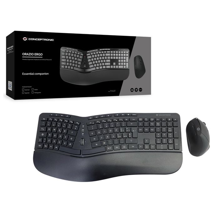 Conceptronic ORAZIO02IT Kit Tastiera e Mouse Wireless Ergonomico QWERTY Italiano 125 Tasti Mouse 1600 DPI RF 2.4 GHz colore Nero