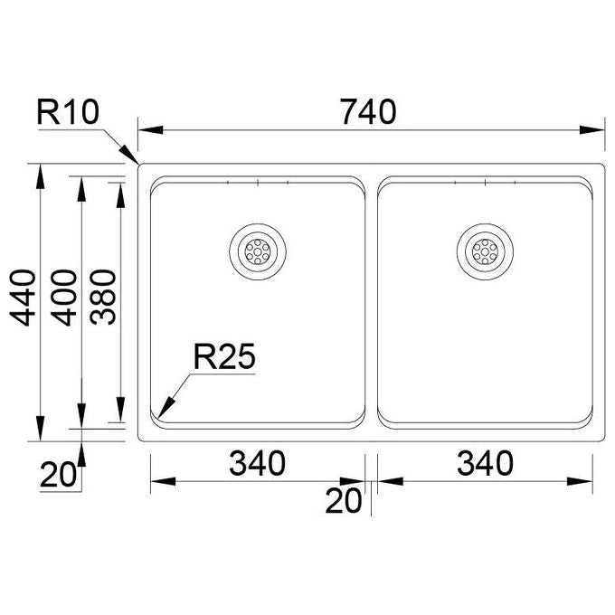 RODI UNA75 UNA 75 Lavello da Incasso 2 Vasche Rettangolari Acciaio Inox con Scolapiatti Incluso (740x440 mm) colore Acciaio inox