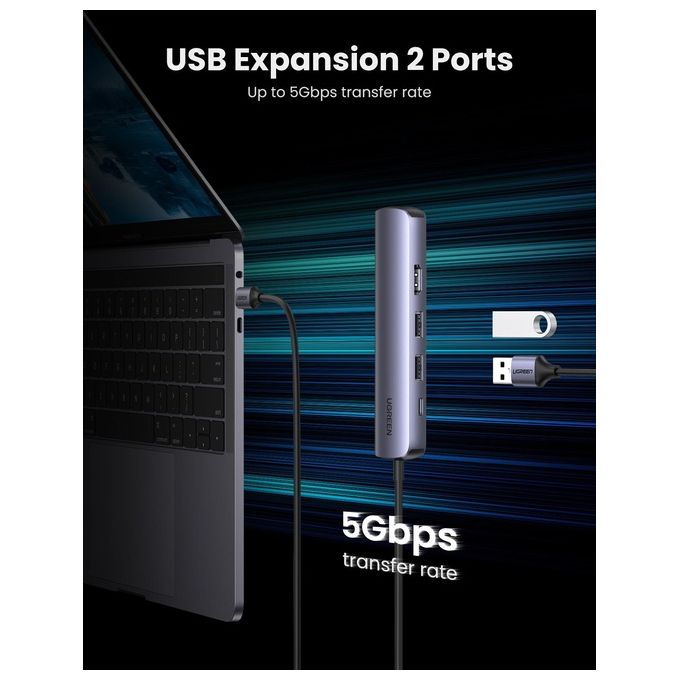 UGREEN 10919 Hub USB C HDMI 4K@60Hz Ethernet 1000Mbps PD 100W 2 USB 3.0 Docking Station compatibile con MacBook PRO Air M1 M2 Steam Deck Surface PRO 8 Galaxy S23 Tab S8 Dell XPS 15 13 colore Nero