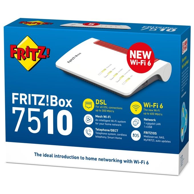 Fritz! FRITZ!BOX 7510 EDITION INTERNATIONAL Modem Router Wi-Fi 6 ADSL VDSL 600 Mbit-s Banda Singola 2.4 GHz Mesh Base DECT colore Bianco