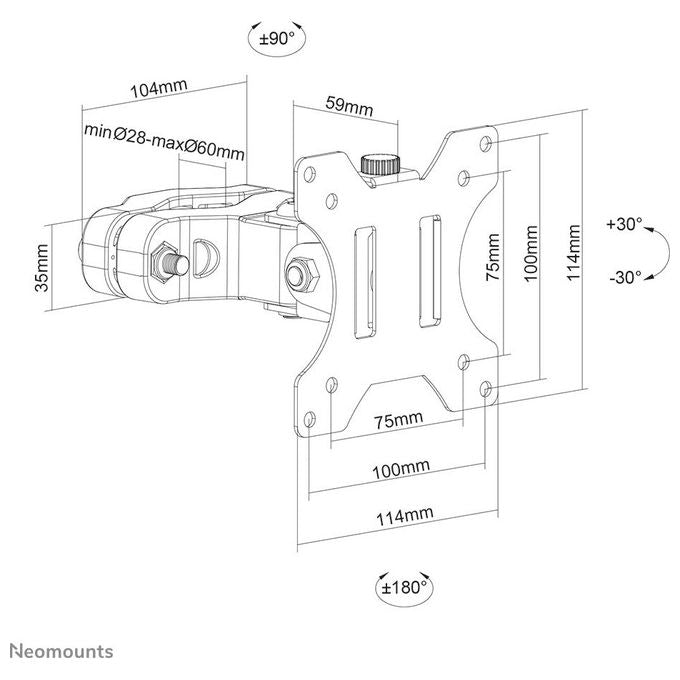Neomounts FL40-430BL11 Supporto da Palo per TV e Monitor Full Motion Inclinazione -30 30° Rotazione 360° VESA 75x75 100x100 mm Diametro Palo 28-60 mm colore Nero