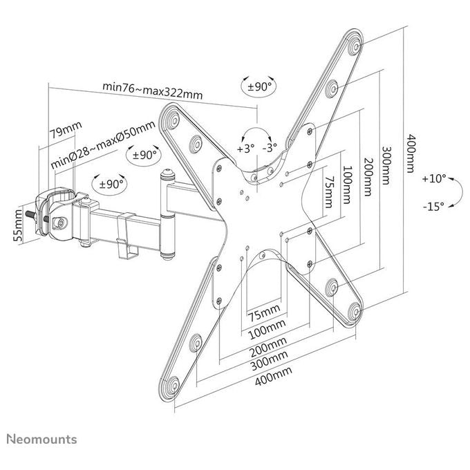 Neomounts FL40-450BL14 Supporto Palo per TV 32-55 Pollici VESA 75x75 a 400x400 Inclinabile e Girevole 180° colore Nero
