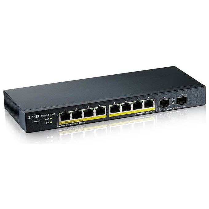 Zyxel GS1900-10HP-EU0102F Switch Smart Gestito 8 Porte Gigabit PoE+ 77W 2 Slot SFP Design Senza Ventole colore Nero