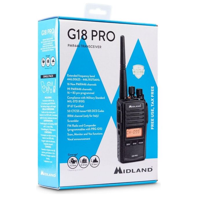 Midland C1145.02 G18 Pro Ricetrasmittente Walkie Talkie PMR446 99 Canali IP67 MIL-STD-810G 12000 m colore Nero