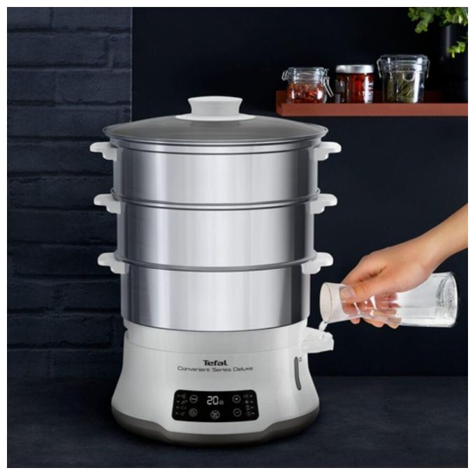 Tefal VC502D10 Convenient Series Deluxe Vaporiera elettrica 3 Cestelli 9 L 8 Programmi 900W Touch Screen colore Bianco Acciaio Inossidabile