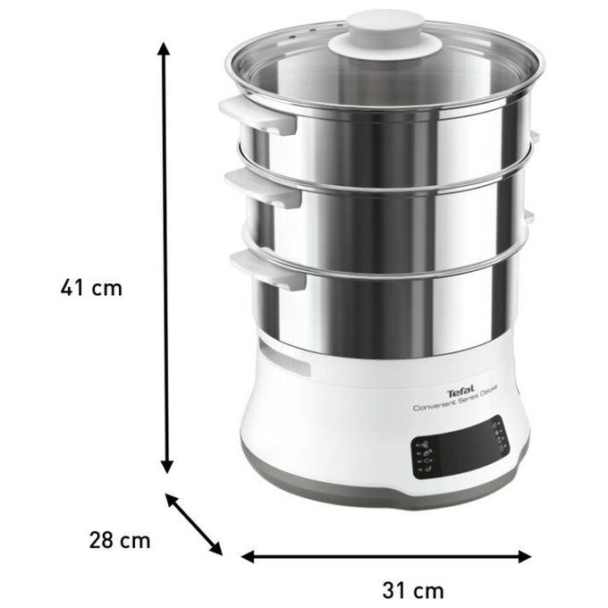 Tefal VC502D10 Convenient Series Deluxe Vaporiera elettrica 3 Cestelli 9 L 8 Programmi 900W Touch Screen colore Bianco Acciaio Inossidabile