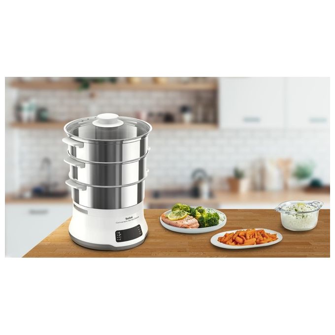 Tefal VC502D10 Convenient Series Deluxe Vaporiera elettrica 3 Cestelli 9 L 8 Programmi 900W Touch Screen colore Bianco Acciaio Inossidabile