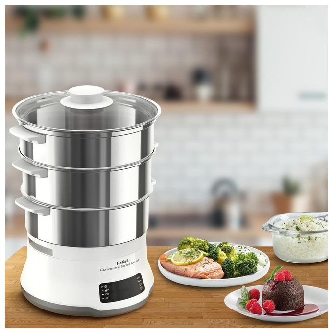 Tefal VC502D10 Convenient Series Deluxe Vaporiera elettrica 3 Cestelli 9 L 8 Programmi 900W Touch Screen colore Bianco Acciaio Inossidabile