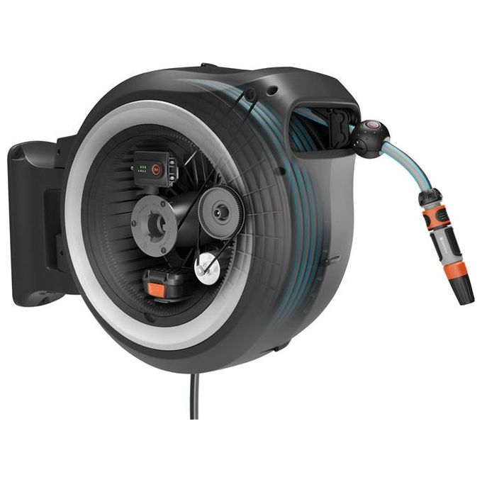 Gardena 18642-20 PowerRoll XL Avvolgitubo a Parete Batteria 18V Tubo 35 m Avvolgimento Automatico colore Nero