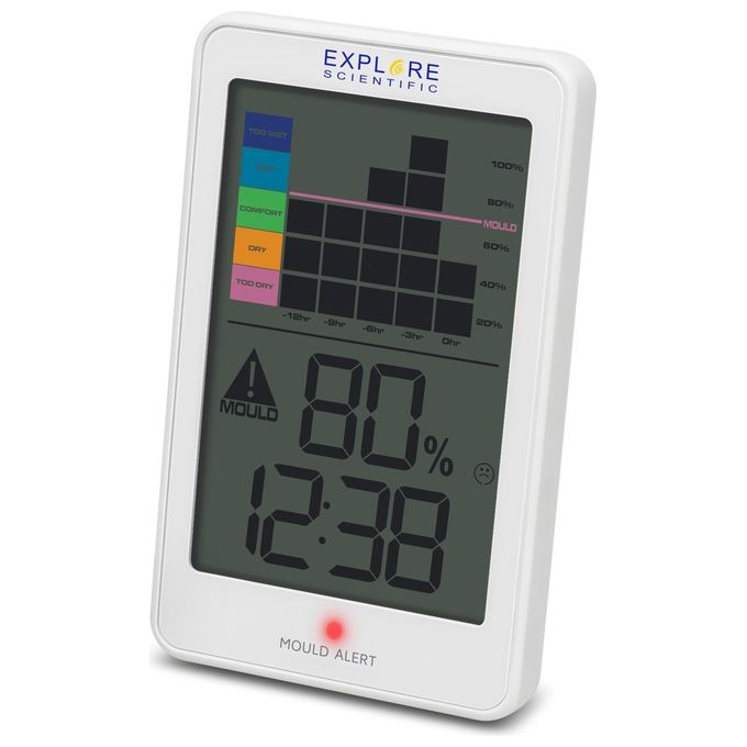 Explore Scientific WSH1008 Igrometro Elettronico Digitale con Registrazione Grafica dell'Umidita' Avviso di Muffa Alimentazione a Batteria 2x AAA Incluse Supporto da Tavolo o a Parete colore Bianco