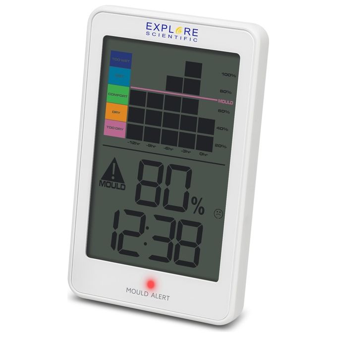 Explore Scientific WSH1008 Igrometro Elettronico Digitale con Registrazione Grafica dell'Umidita' Avviso di Muffa Alimentazione a Batteria 2x AAA Incluse Supporto da Tavolo o a Parete colore Bianco