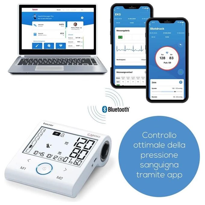 Beurer BM 96 Cardio Misuratore di Pressione da Braccio con Funzione ECG Bluetooth 2 Utenti 60 Memorie colore Bianco Grigio