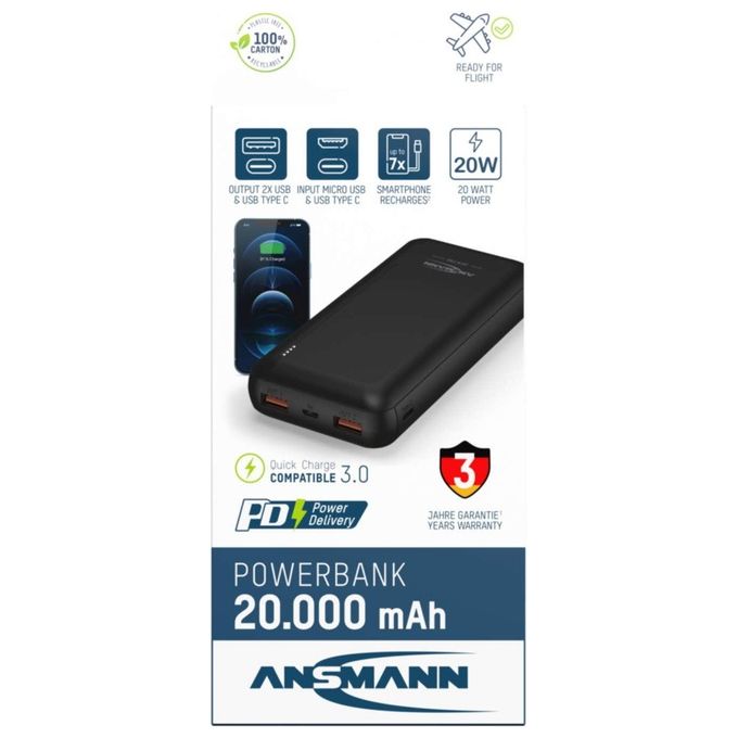 Ansmann 1700-0147 PB320PD Power bank 20000 mAh con Power Delivery 2 porte USB A 1 porta USB C colore Nero