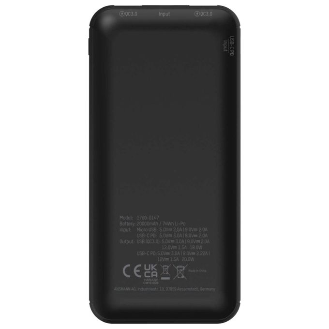 Ansmann 1700-0147 PB320PD Power bank 20000 mAh con Power Delivery 2 porte USB A 1 porta USB C colore Nero
