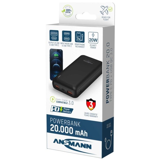 Ansmann 1700-0147 PB320PD Power bank 20000 mAh con Power Delivery 2 porte USB A 1 porta USB C colore Nero