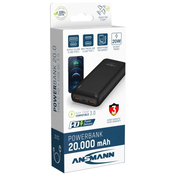 Ansmann 1700-0147 PB320PD Power bank 20000 mAh con Power Delivery 2 porte USB A 1 porta USB C colore Nero