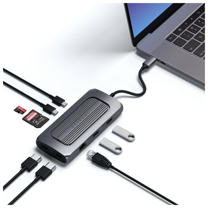 Satechi ST-UCMXAM Adattatore Multiporta USB-C con Doppia HDMI 4K Ethernet Gigabit e Ricarica 100W colore Grigio