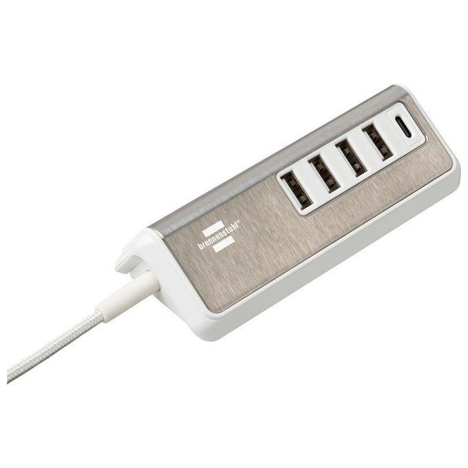 Brennenstuhl 1508230 estilo Caricatore multiplo USB 4x USB A 1x USB C Power Delivery 1,5 m colore Acciaio inossidabile Bianco