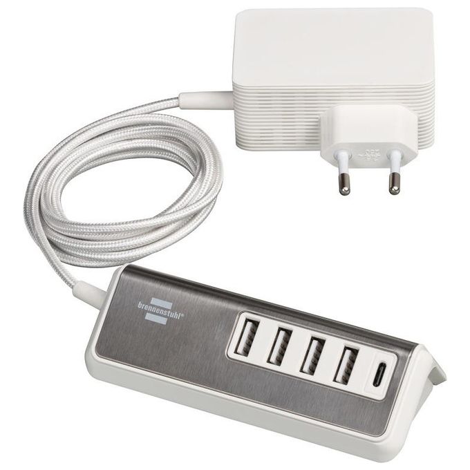 Brennenstuhl 1508230 estilo Caricatore multiplo USB 4x USB A 1x USB C Power Delivery 1,5 m colore Acciaio inossidabile Bianco