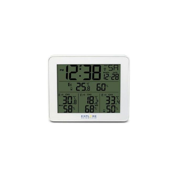 Explore Scientific WSH4003GYE000 Stazione Meteo Radio-Controllata con Allarme 3 Sensori Display LCD Retroilluminato colore Bianco