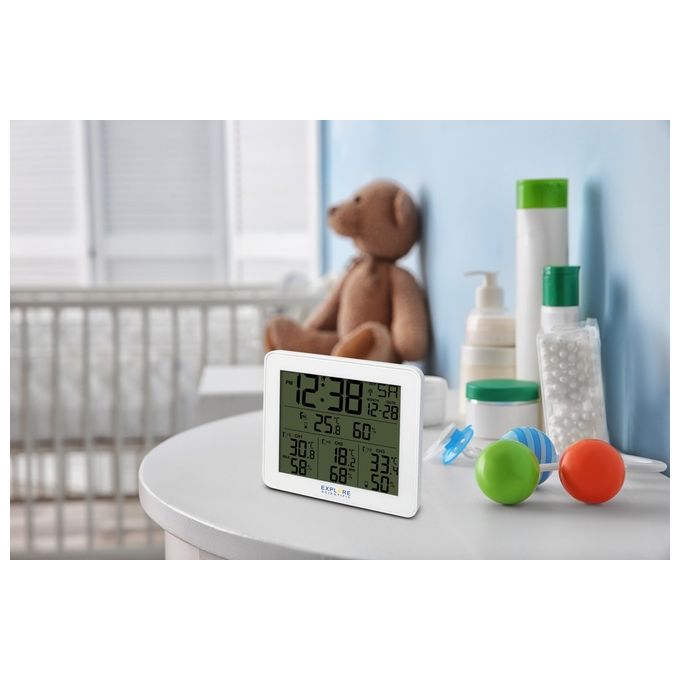Explore Scientific WSH4003GYE000 Stazione Meteo Radio-Controllata con Allarme 3 Sensori Display LCD Retroilluminato colore Bianco