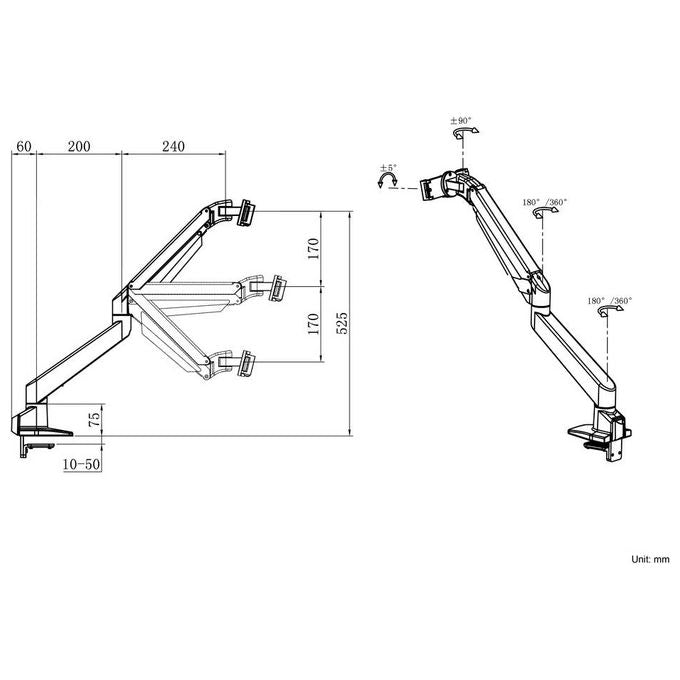 Multibrackets 3144 Braccio a Gas per Monitor 10 Kg VESA 75x75 100x100 mm 3 Snodi Inclinazione -45° a +75° Rotazione 180° colore Argento