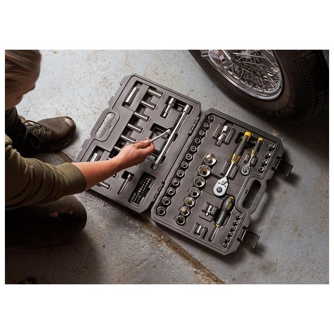 Stanley STMT82831-1 Set di Chiavi a Bussola 72 Pezzi con Cricchetti 1-4'' e 1-2'' 72 Denti Impugnatura Bi-materiale Valigetta Inclusa colore Nero Giallo