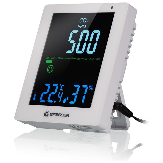 Bresser Optics 7004020GYE000 Monitor Qualita' dell'Aria CO2 con Semaforo Display LCD a Colori Misurazione Temperatura e Umidita' colore Bianco