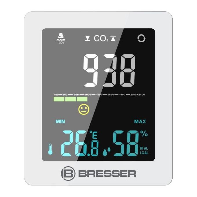 Bresser Optics 7004020GYE000 Monitor Qualita' dell'Aria CO2 con Semaforo Display LCD a Colori Misurazione Temperatura e Umidita' colore Bianco