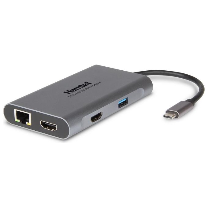 Hamlet HDKC-PD400H Docking Station USB-C 2 HDMI 4K 3 USB 3.0 Gigabit Ethernet Power Delivery 85W colore Grigio