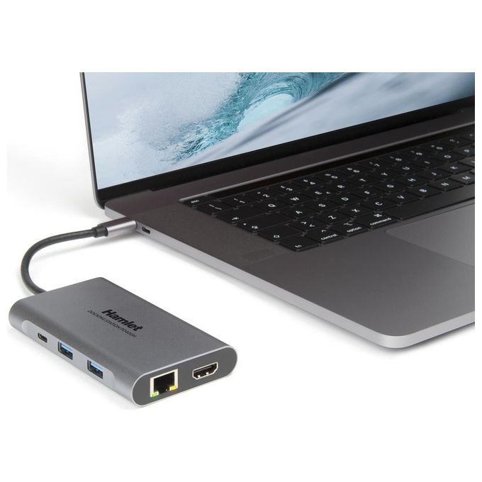 Hamlet HDKC-PD400H Docking Station USB-C 2 HDMI 4K 3 USB 3.0 Gigabit Ethernet Power Delivery 85W colore Grigio