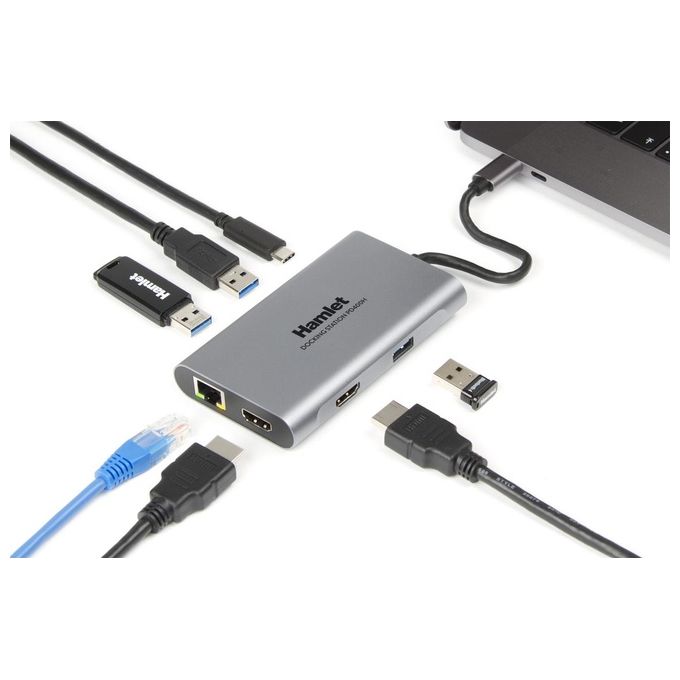 Hamlet HDKC-PD400H Docking Station USB-C 2 HDMI 4K 3 USB 3.0 Gigabit Ethernet Power Delivery 85W colore Grigio