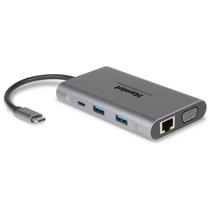 Hamlet HDKC-PD400V Docking Station USB 3.2 Gen 1 Type-C con Power Delivery 85W 3 Porte USB 3.0 HDMI VGA LAN Gigabit colore Grigio
