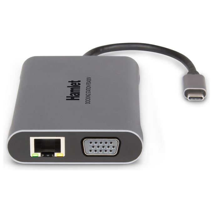 Hamlet HDKC-PD400V Docking Station USB 3.2 Gen 1 Type-C con Power Delivery 85W 3 Porte USB 3.0 HDMI VGA LAN Gigabit colore Grigio
