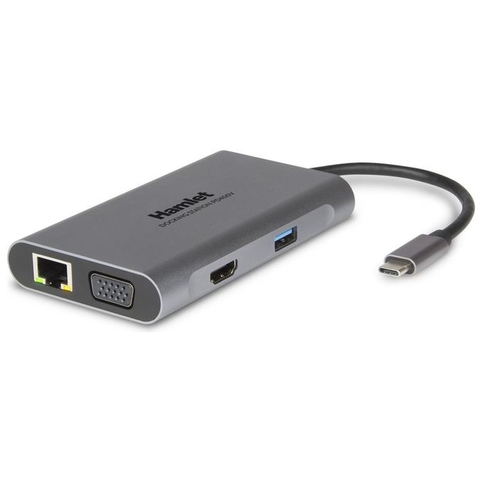 Hamlet HDKC-PD400V Docking Station USB 3.2 Gen 1 Type-C con Power Delivery 85W 3 Porte USB 3.0 HDMI VGA LAN Gigabit colore Grigio