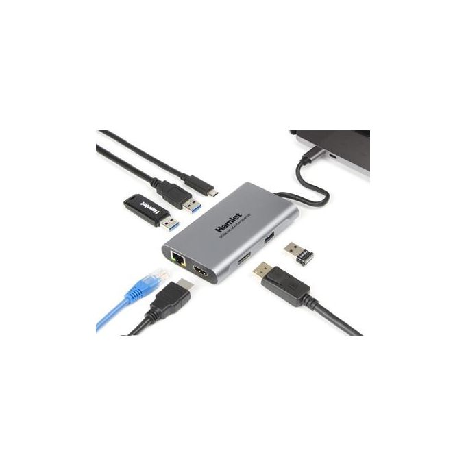 Hamlet HDKC-PD400D Docking Station USB-C Power Delivery 85W Dual Display 4K HDMI DisplayPort 3x USB 3.0 LAN Gigabit colore Grigio
