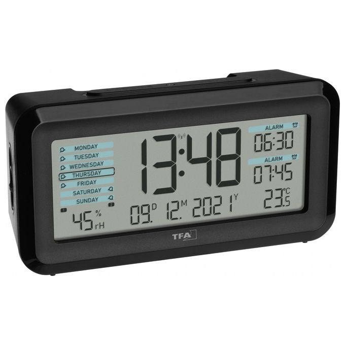 TFA-Dostmann 60.2562.01 Boxx2 Sveglia Digitale Radiocontrollata Display LED 2 Sveglie Temperatura Umidita' Batteria Li-Ion colore Nero
