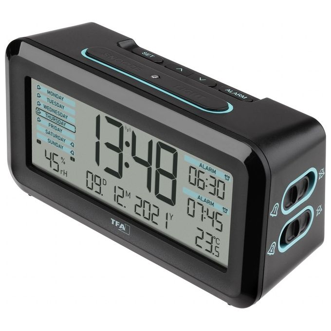 TFA-Dostmann 60.2562.01 Boxx2 Sveglia Digitale Radiocontrollata Display LED 2 Sveglie Temperatura Umidita' Batteria Li-Ion colore Nero