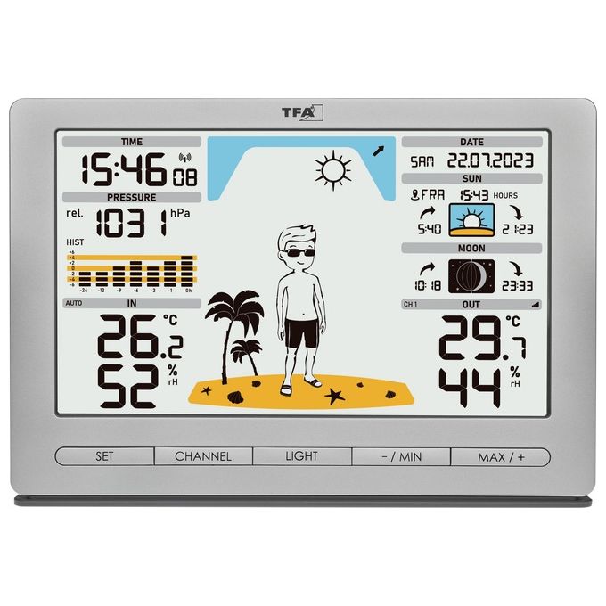 TFA-Dostmann 35.1097.54 Meteo Jack Stazione Meteo Wireless Display Colori Previsioni 12-24h Temperatura Umidita' Pressione Fasi Lunari colore Argento