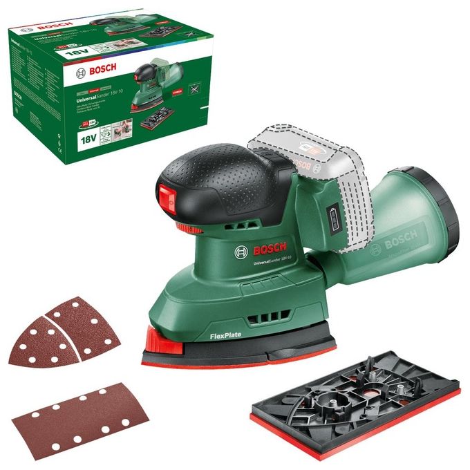 Bosch 06033E3100 UniversalSander Levigatrice orbitale a batteria 18V 12000-22000 oscillazioni-min con piastre triangolare e rettangolare colore Nero Verde
