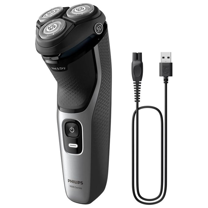 Philips S3143-02 Shaver Series 3000 Rasoio elettrico rotante Wet and Dry 3 testine autonomia 60 min colore Nero Argento