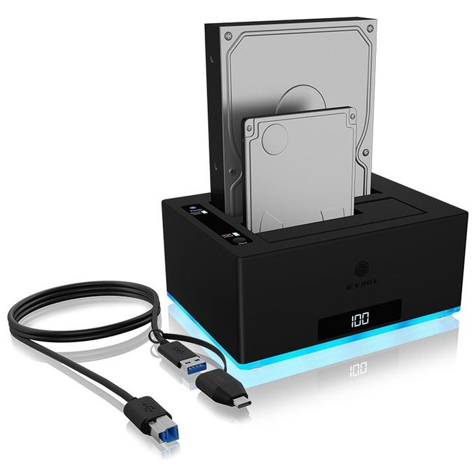 ICY BOX 60820 IB-127CL-U3 Docking Station per 2x HDD SSD SATA 2.5 e 3.5 USB 3.2 Gen 1 Type-A e Type-C Clonazione Offline colore Nero