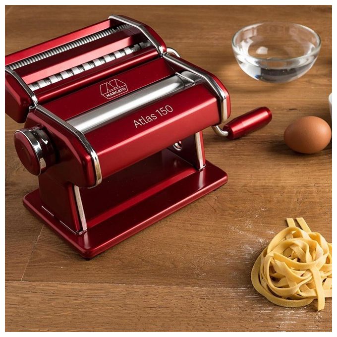 MARCATO AT-150-RSO-PW Atlas 150 Macchina per Pasta Manuale con 10 Regolazioni di Spessore e Accessorio Pasta-Wheel Rosso colore Rosso