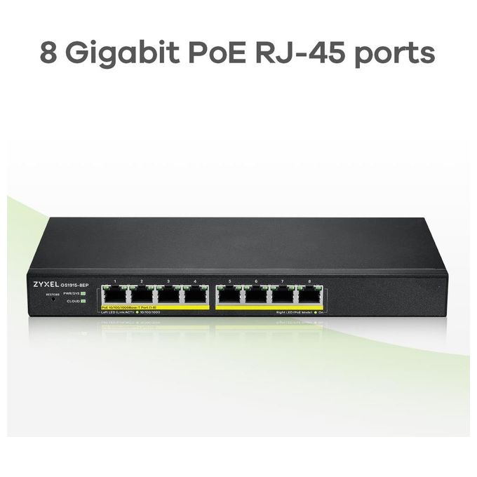 ZYXEL GS1915-8EP-EU0101F Switch Gestito 8 Porte Gigabit Ethernet con PoE+ 60 W Design Senza Ventole colore Nero