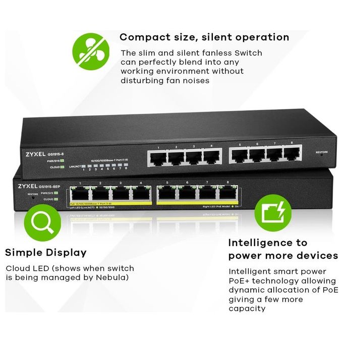 ZYXEL GS1915-8EP-EU0101F Switch Gestito 8 Porte Gigabit Ethernet con PoE+ 60 W Design Senza Ventole colore Nero
