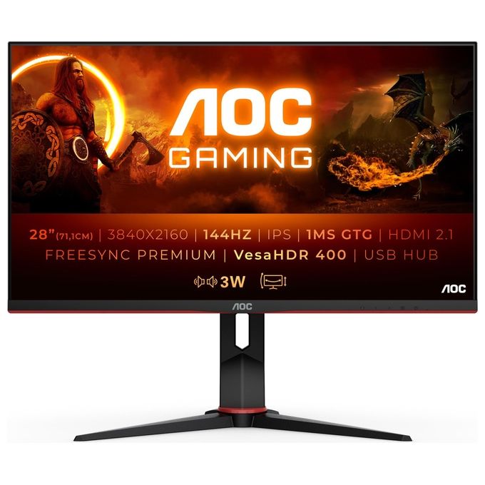 AOC U28G2XU2-BK Monitor Gaming 28'' 4K UHD IPS 144 Hz 1 ms FreeSync Premium HDR400 HDMI 2.1 USB Hub colore Nero Rosso