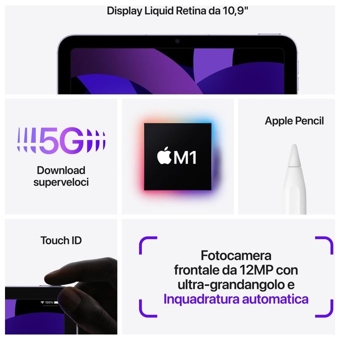 Apple MM743TY-A iPad Air 5a Generazione Tablet 10.9'' Apple M1 256GB Wi-Fi Cellular 5G colore Galassia